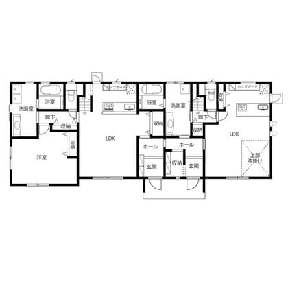 縦割りの完全分離型二世帯住宅の間取り図（1階）