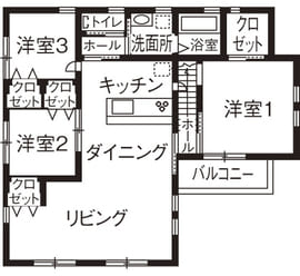横割りの完全分離型二世帯住宅の間取り図（2階）