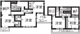 縦割りの完全分離型二世帯住宅の間取り図（2階）