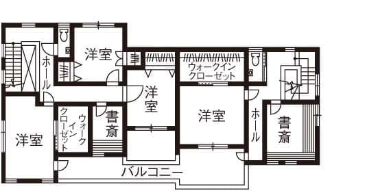 縦割りの完全分離型二世帯住宅の間取り図（2階）