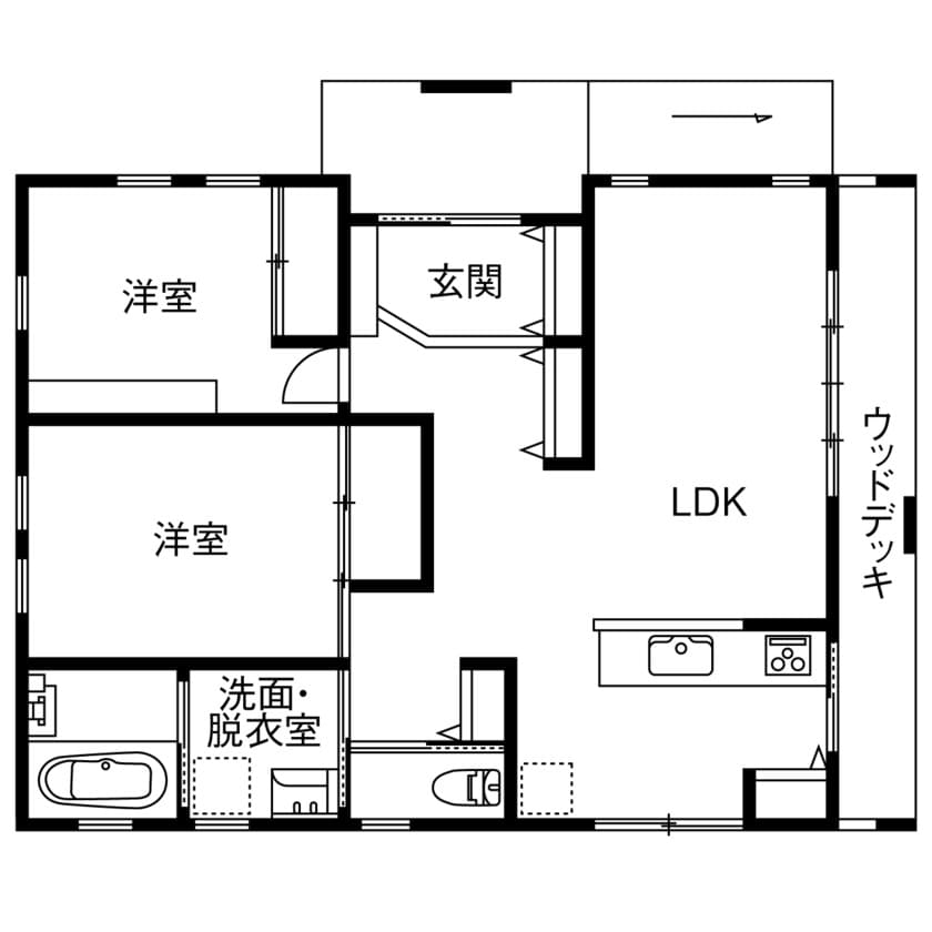 19坪（2LDK）廊下を作らない開放的な家の間取り図