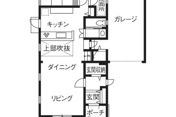 海外旅行や雑誌で見たアメリカンハウスをモチーフにした家の間取り図（1階）