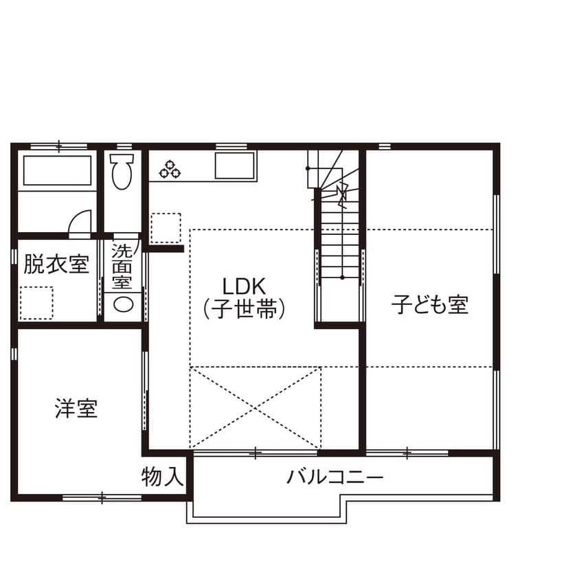家事動線や収納にこだわった40坪台の完全分離型二世帯住宅の間取り図（2階）