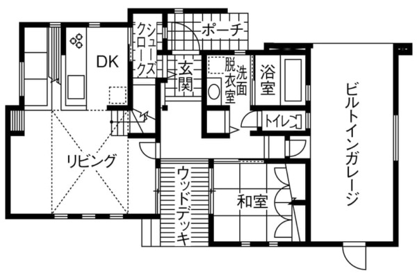 吹き抜け空間が開放的なガレージハウスの間取り図（1階）