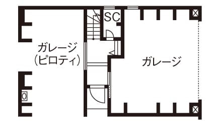 2方向から車3台格納できるビルトインガレージのある家の間取り図（1階）