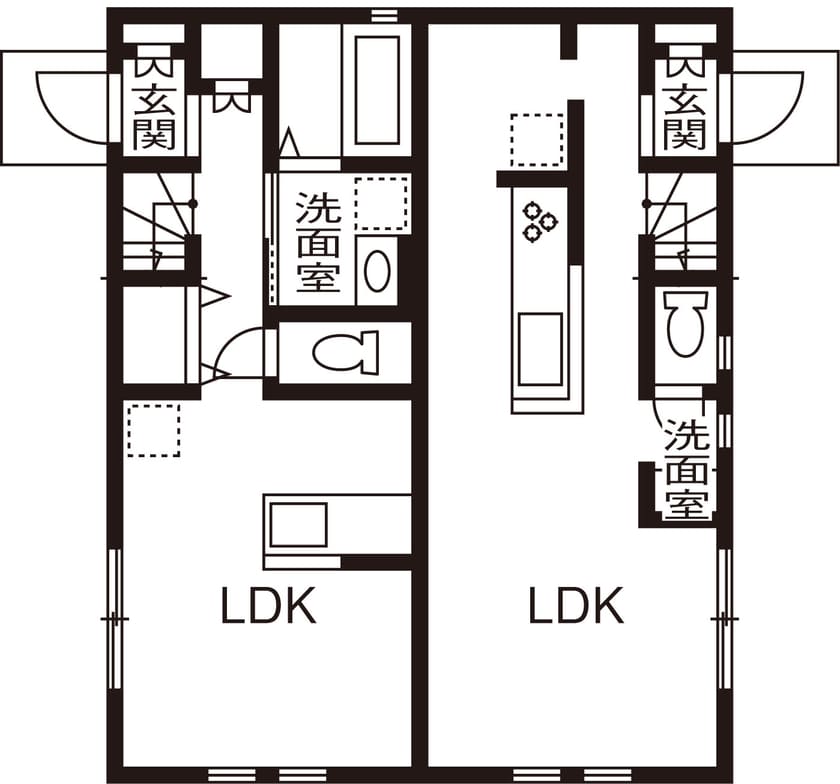 2階建てを2棟合わせたような左右分離型の完全分離型二世帯住宅の間取り図（1階）