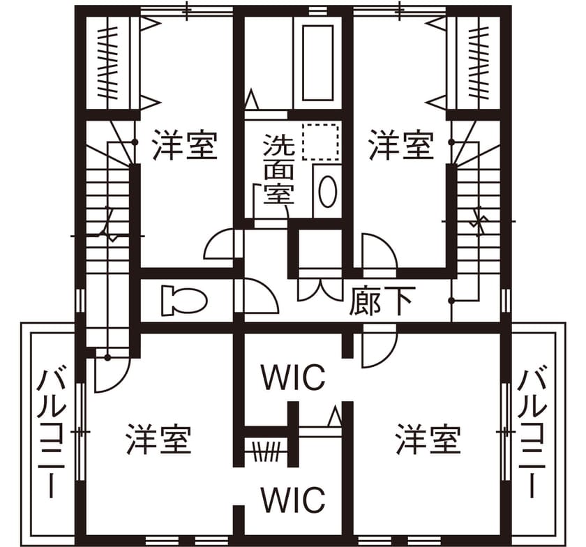 2階建てを2棟合わせたような左右分離型の完全分離型二世帯住宅の間取り図（2階）