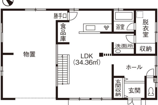 自然素材満載で木のぬくもりを感じられるガレージハウスの間取り（1階）