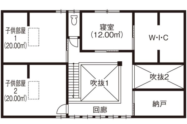 自然素材満載で木のぬくもりを感じられるガレージハウスの間取り（2階）