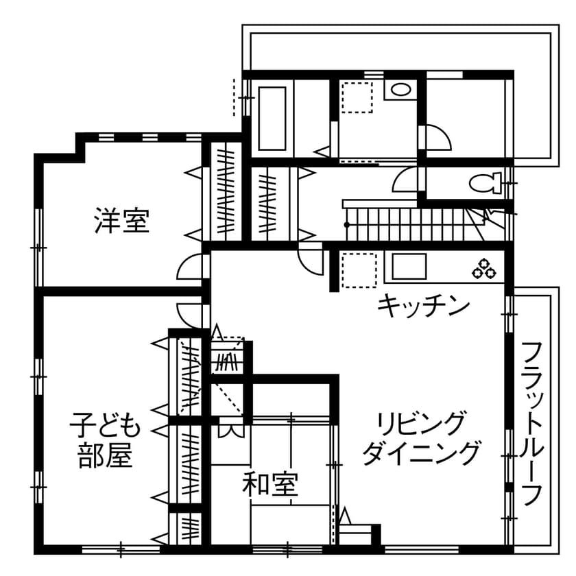 ゆとりあるLDKを確保した約55坪の二世帯住の間取り図（2階）