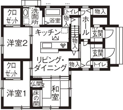 2階LDKは仕切りをすれば居室を増やせる50坪の二世帯住宅の間取り図（1階）