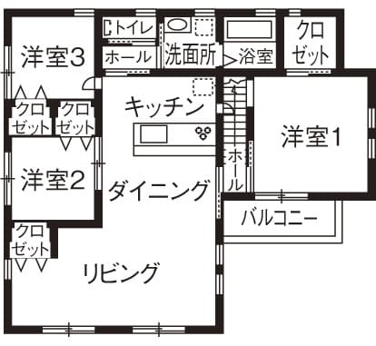 2階LDKは仕切りをすれば居室を増やせる50坪の二世帯住宅の間取り図（2階）