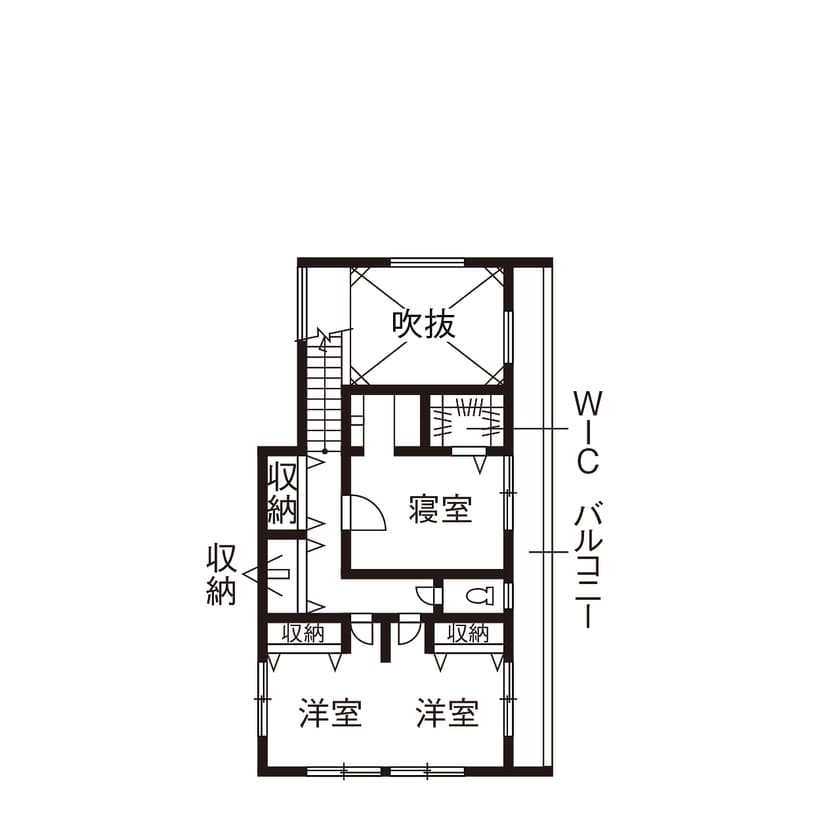 庭を中心に建物がL字型に配置された55坪の二世帯住宅の間取り図（2階）