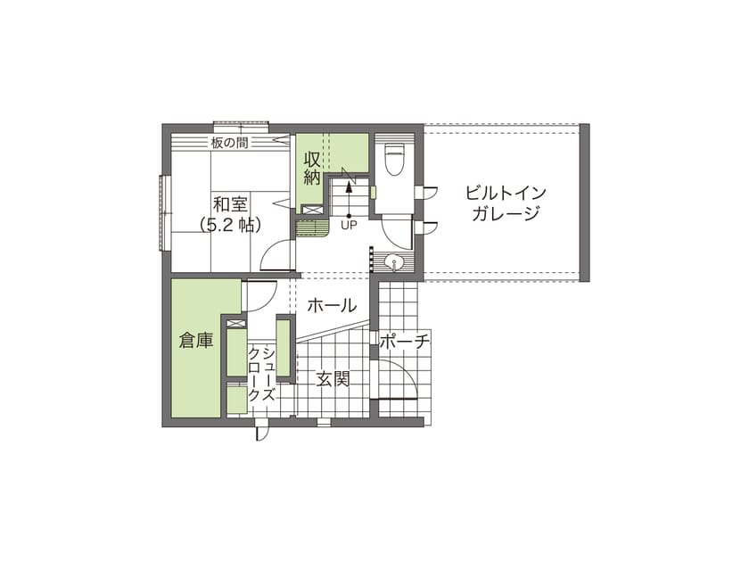 内にも外にも、家族が寛げる空間を広げた屋上テラス付きの家の間取り図（1階）