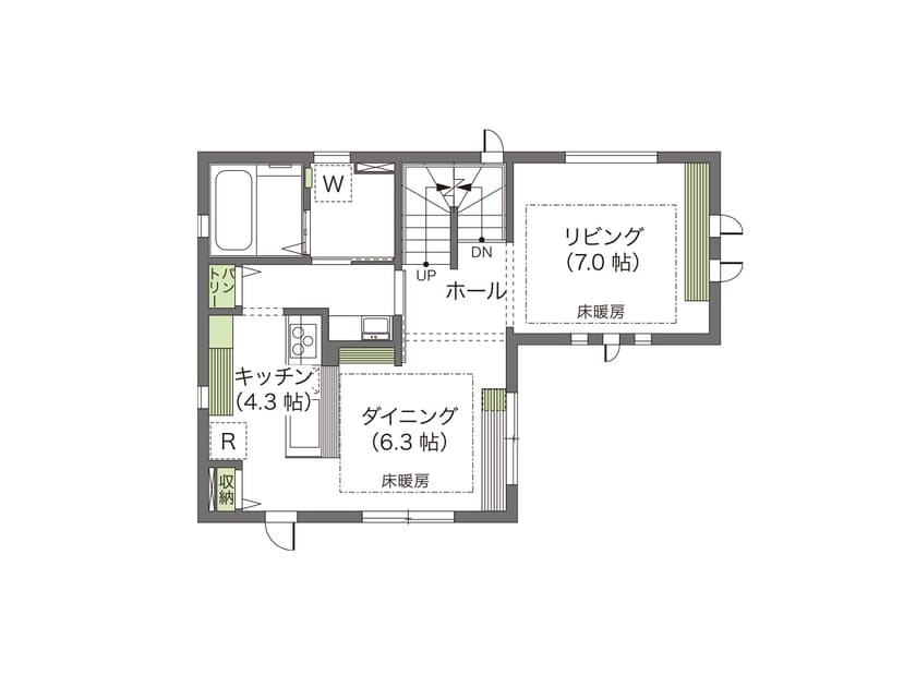 内にも外にも、家族が寛げる空間を広げた屋上テラス付きの家の間取り図（2階）