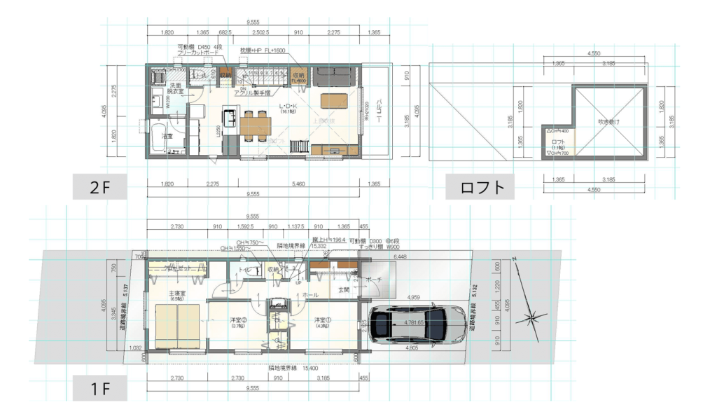 長方形の敷地に建つ小さい二階建ての間取り図