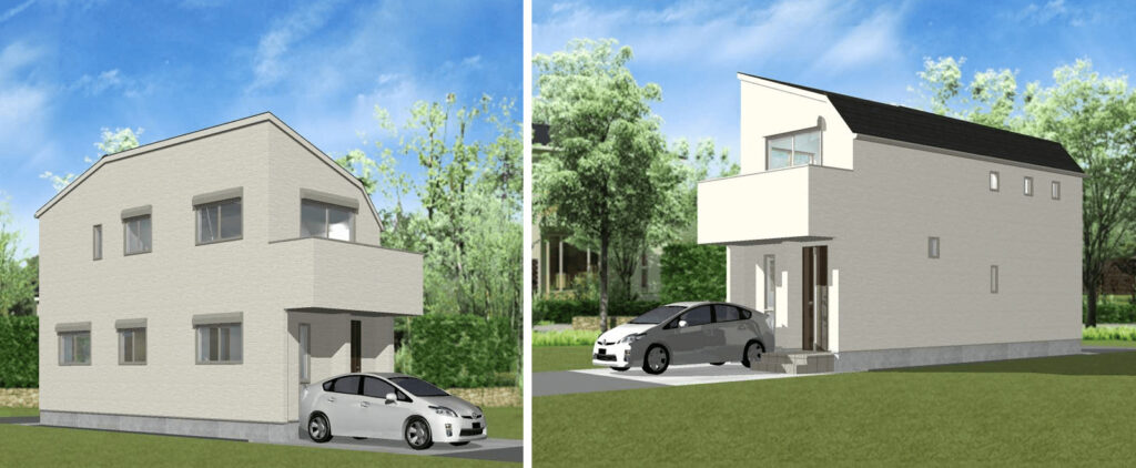 長方形の敷地に建つ小さい二階建ての外観イメージ図