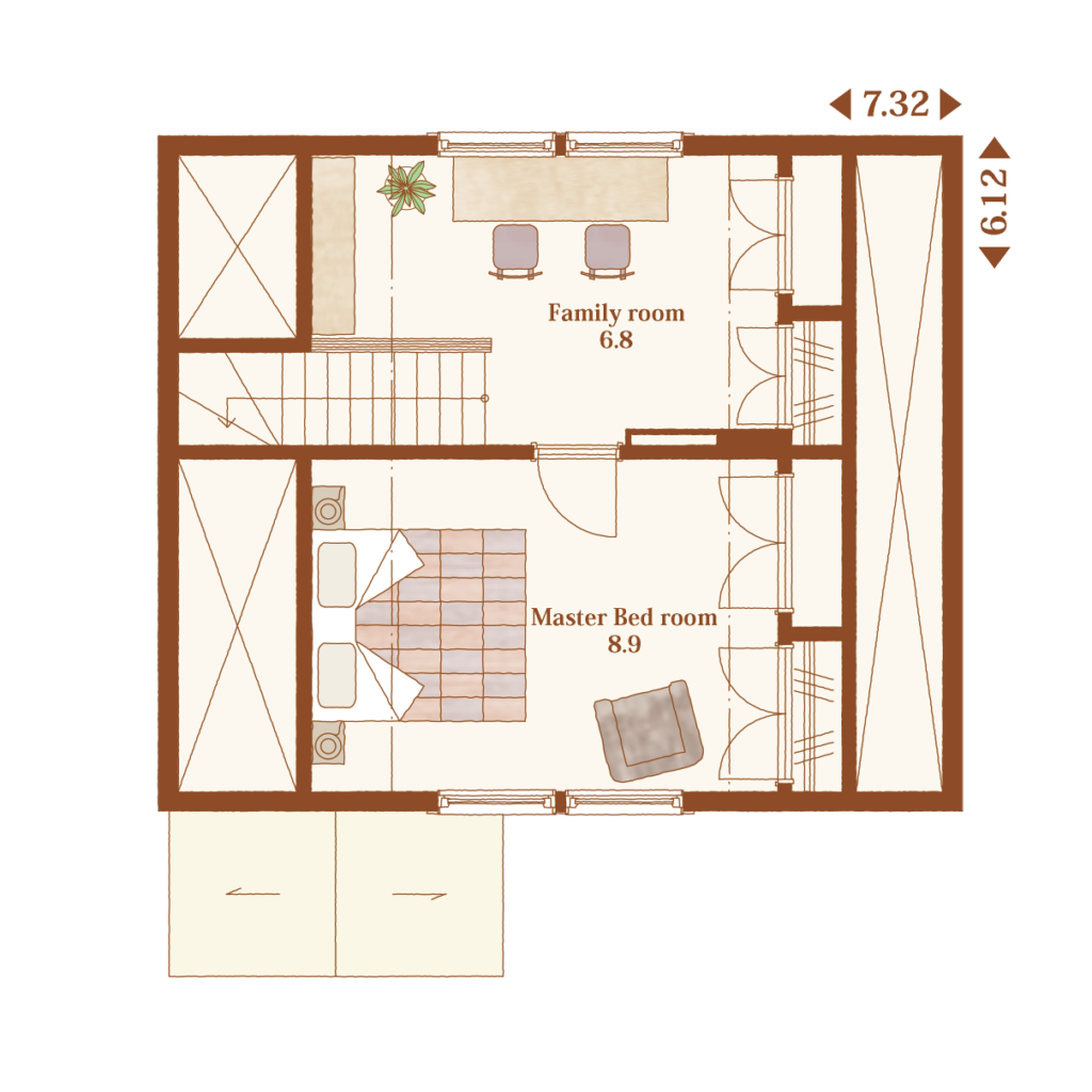 1LDK＋ファミリールームのある23.37坪の二階建ての間取り図（二階）