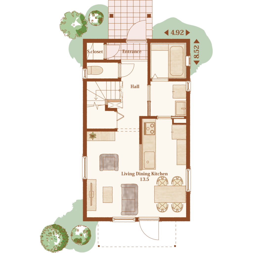 家事動線の優れた3LDKの二階建ての間取り図（一階）