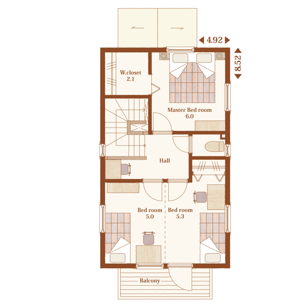 家事動線の優れた3LDKの二階建ての間取り図（二階）