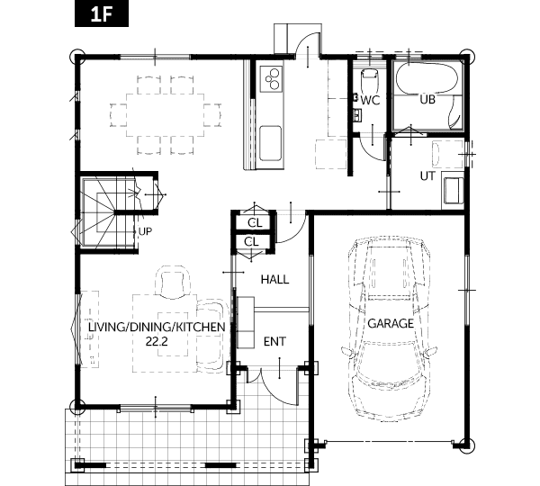 45坪4LDK、小屋裏もある二階建てガレージハウスの間取り図（一階）