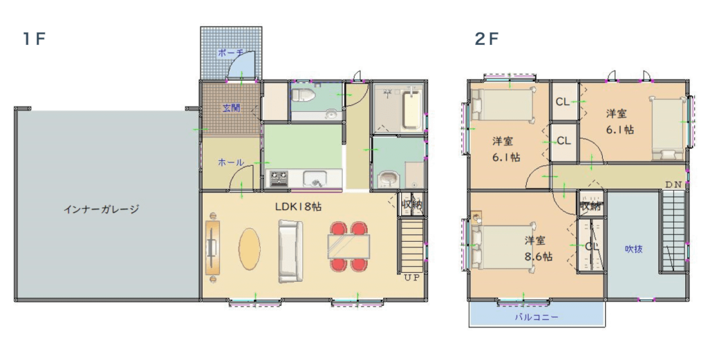 約42坪3LDK、吹き抜けで開放感ある二階建てガレージハウスの間取り図（一階＆二階）