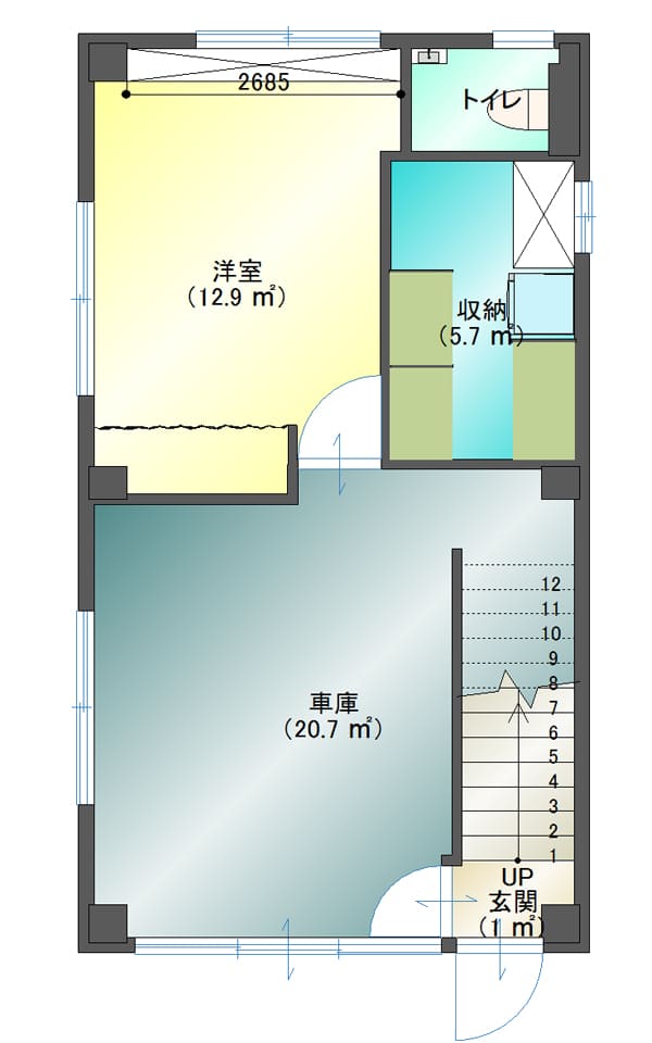 13坪の敷地をフルに活用したガレージハウスの間取り図（1階）