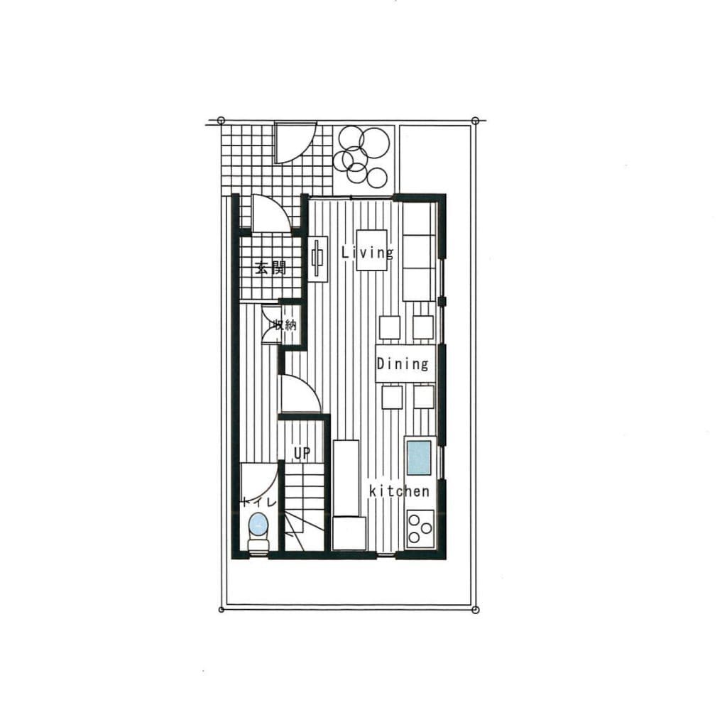 敷地15坪に建つ世代を問わず使いやすい超狭小住宅の間取り図（1階）