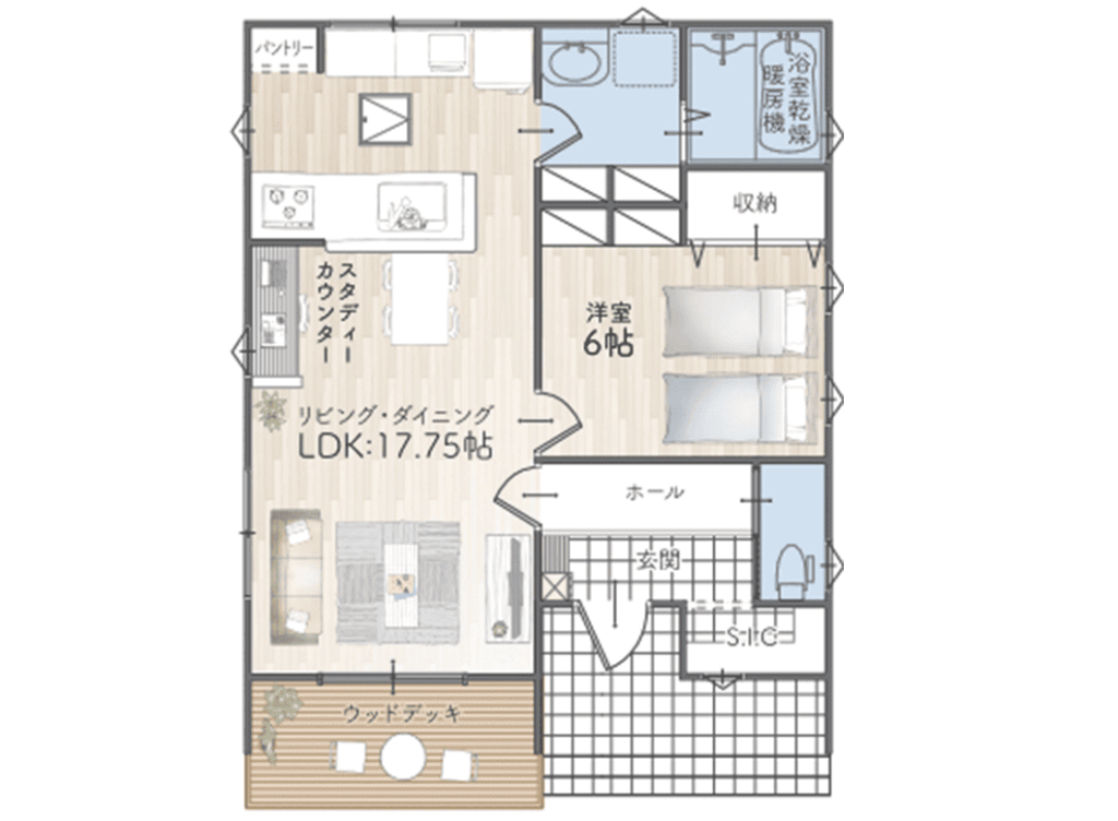 アプリでひら家IKIの17坪1LKDプランの間取り図