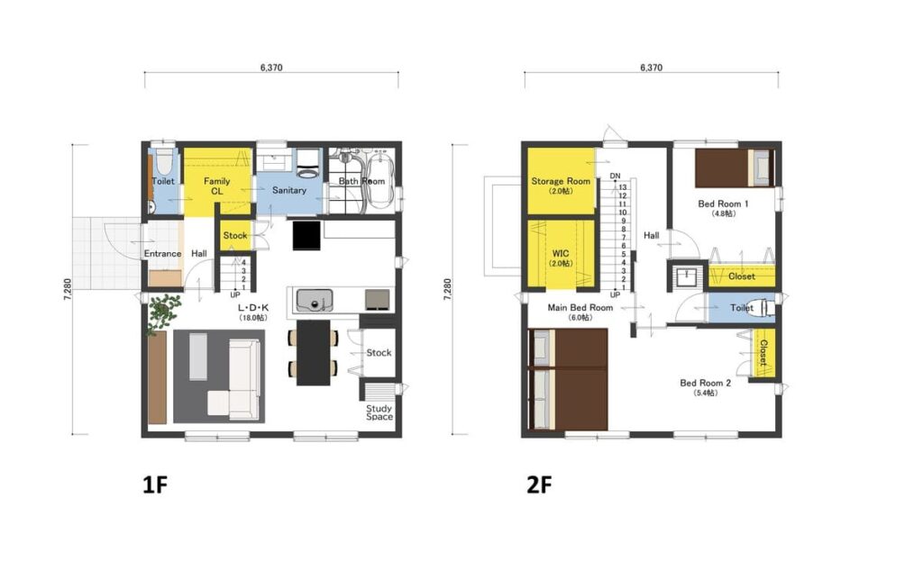 アキュラホームの2階建て狭小住宅の間取り図