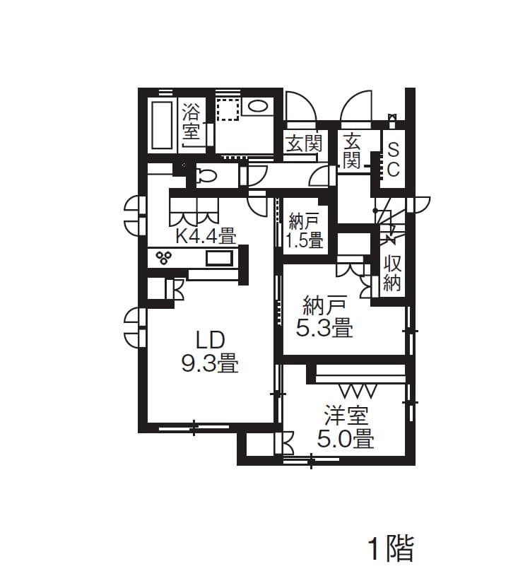 ヘーベルハウスの40坪台の2階建ての間取り図（1階）