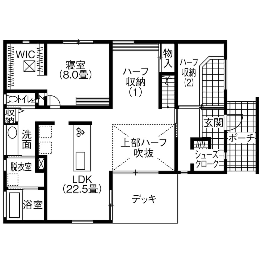 デッキ＋1.5階で横・縦の空間を有効活用した平屋の1階間取り図