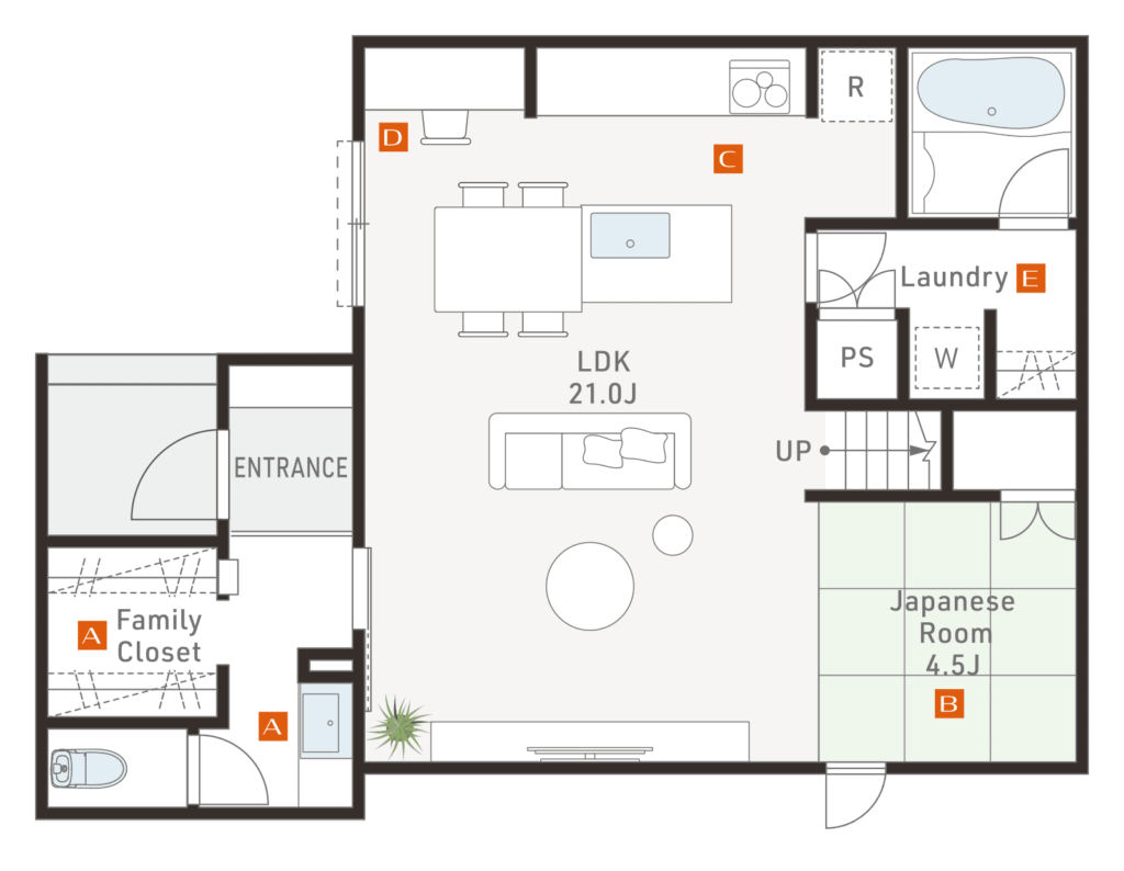 下屋タイプ40坪プランの参考間取り（1階間取り図）