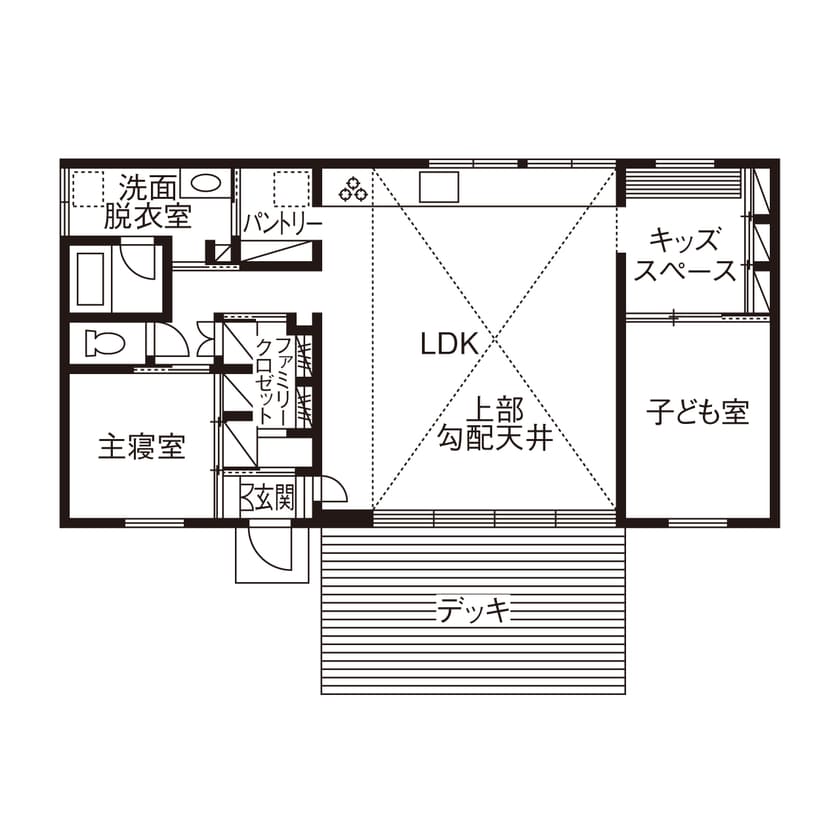 横長の長屋のような三角天井の平屋の間取り図