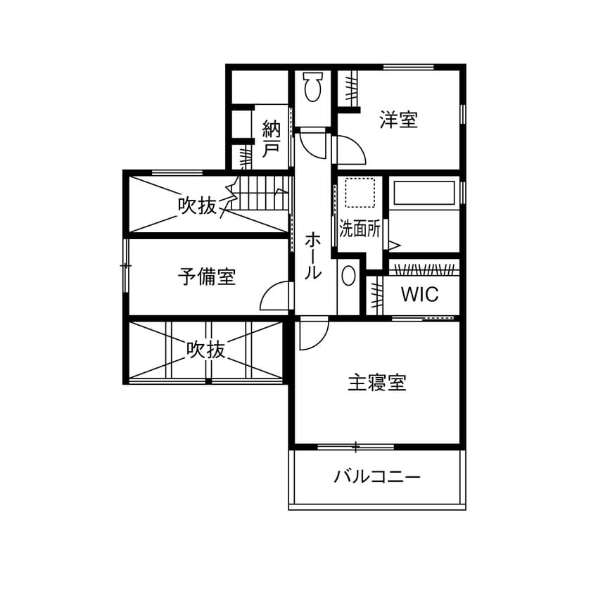 中庭からの光と風が心地よい家の2階間取り図