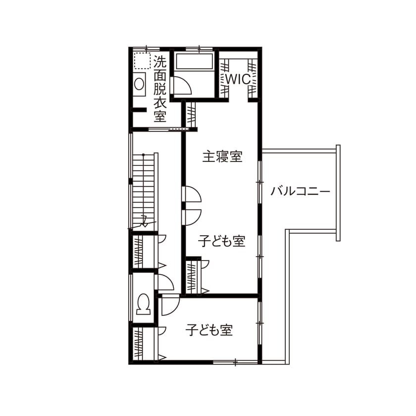 大開口とデッキで自然とつながる家の2階間取り図