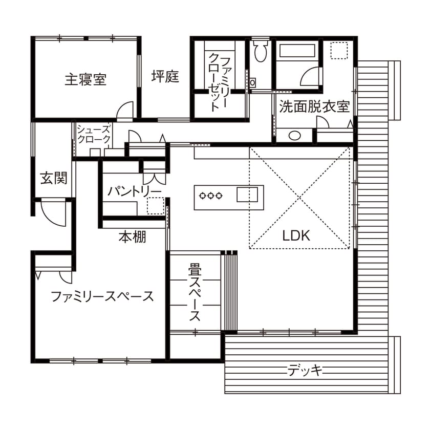 深い軒や坪庭で光をコントロールする平屋の間取り図