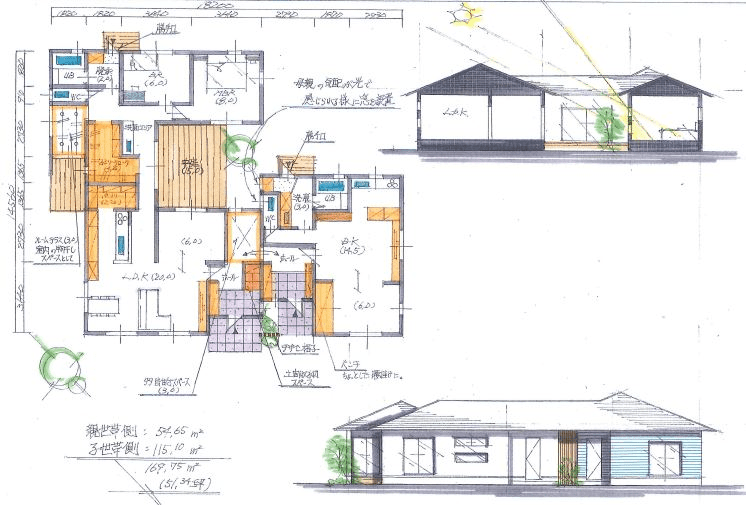 完全分離型2世帯住宅の平屋の外観イメージ図と間取り図